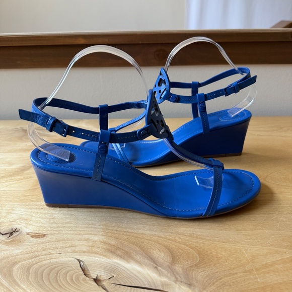 TORY BURCH MILLER WEDGE SANDALS DOUBLE T LOGO T STRAP LEATHER SLINGBACK BLUE 10 - Picture 3 of 12